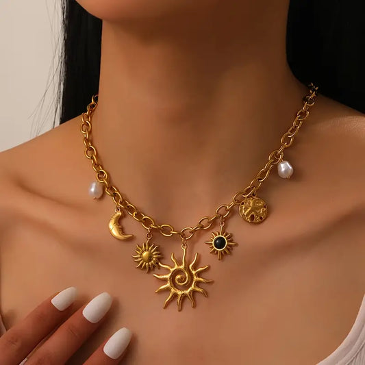 Boho moon pendant stainless steel necklace
